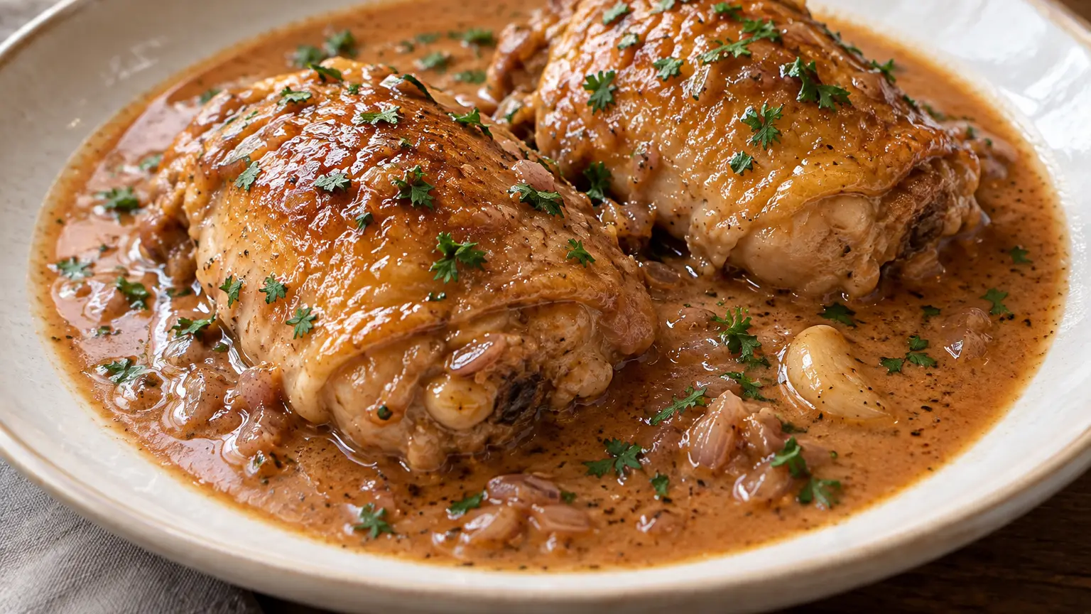 Poulet au vinaigre, pollo dorato in salsa all’aceto di vino con aglio e prezzemolo