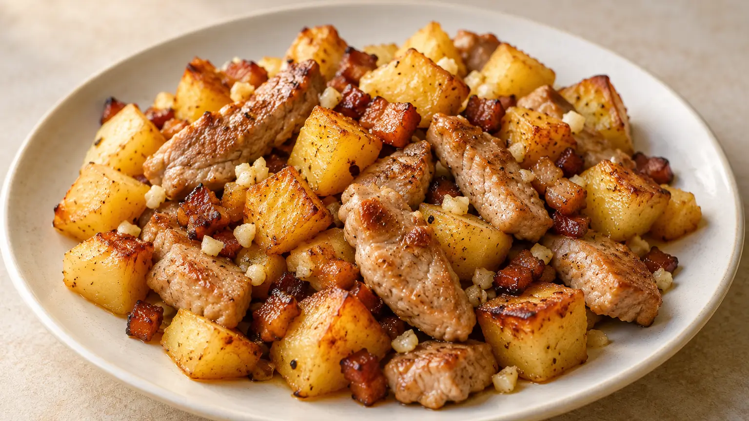 Brassói aprópecsenye con striscioline di maiale dorate, patate a cubetti, pancetta e aglio