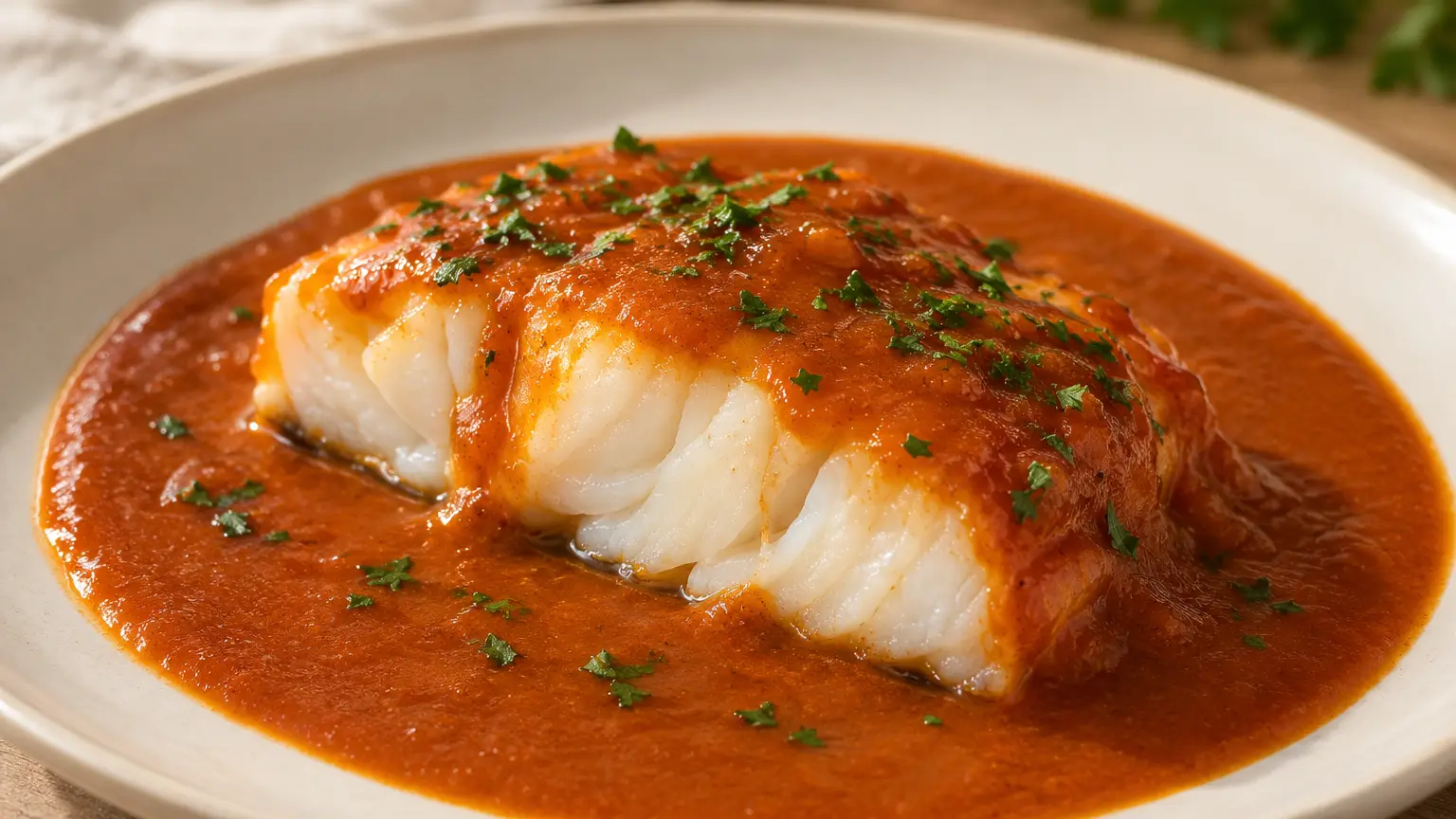 Bacalao a la vizcaína, baccalà in salsa liscia di cipolle e choricero con prezzemolo