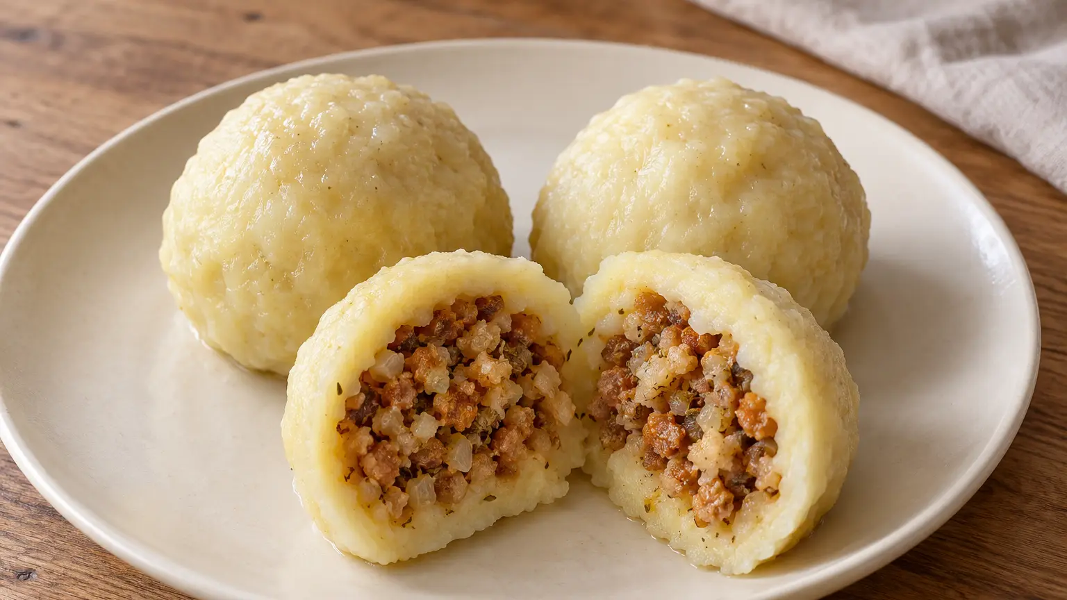 Gnocchi austriaci di patate con ciccioli e il ripieno visibile in un pezzo tagliato