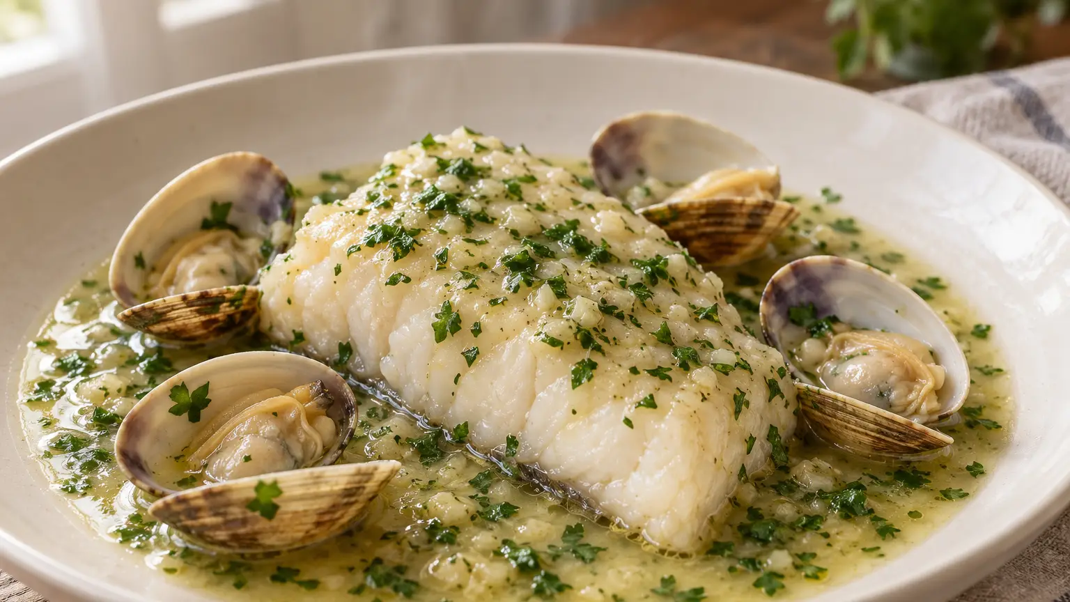 Merluza en salsa verde, nasello con vongole Manila aperte nella salsa chiara al prezzemolo
