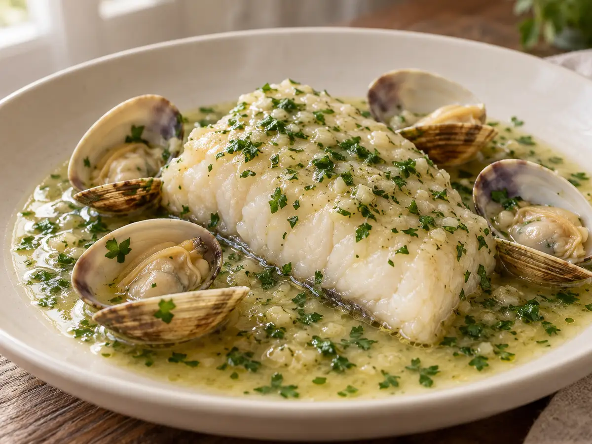 Merluza en salsa verde — nasello con vongole in salsa al prezzemolo
