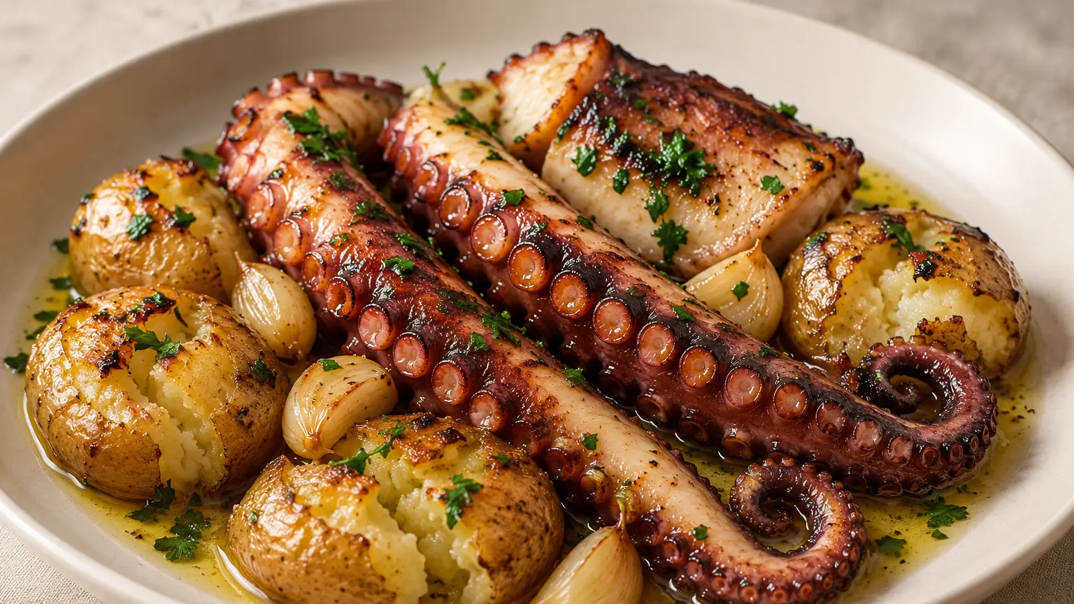 Polvo à lagareiro, geroosterde octopusarmen met geplette aardappelen, knoflook, olijfolie en peterselie