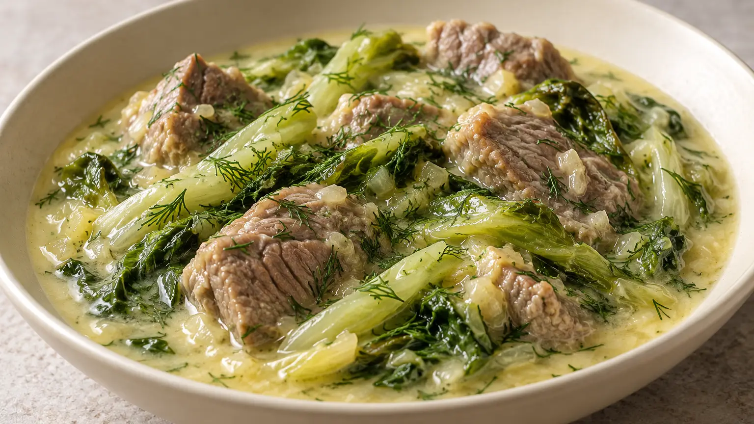 Arni fricassee, agnello tenero con lattuga romana e aneto in salsa di uova e limone