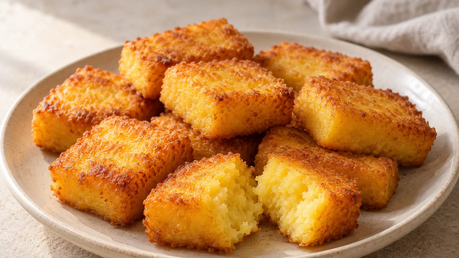 Goudbruine milho-fritoblokjes uit Madeira, één opengebroken met een zachte binnenkant van mais
