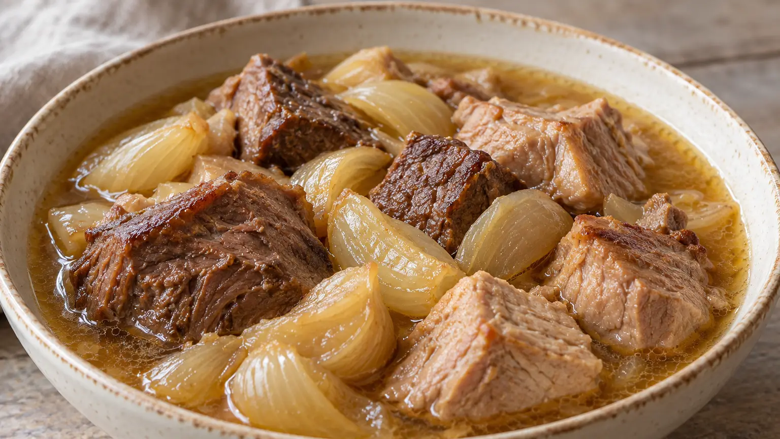 Karjalanpaisti, pezzi teneri di manzo e maiale con cipolla in brodo chiaro e aromatico