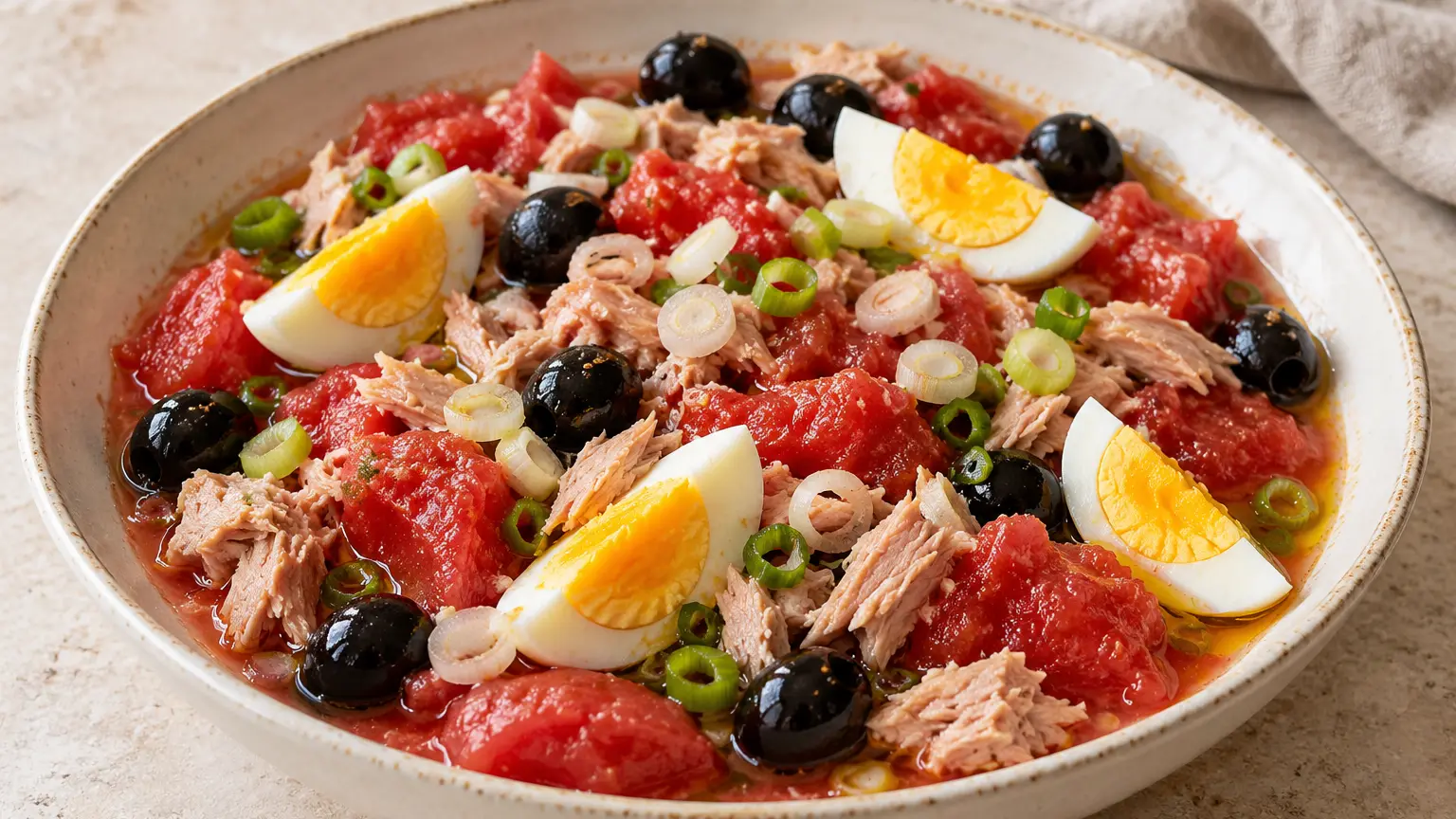 Murcische salade met stukjes tomaat, tonijn, eikwarten en zwarte olijven
