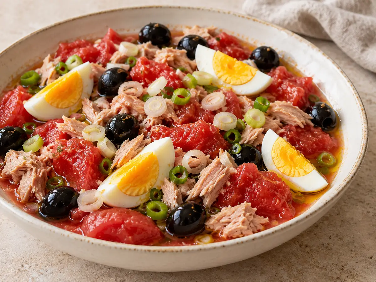 Ensalada murciana — ensalada de tomate, atún y huevos