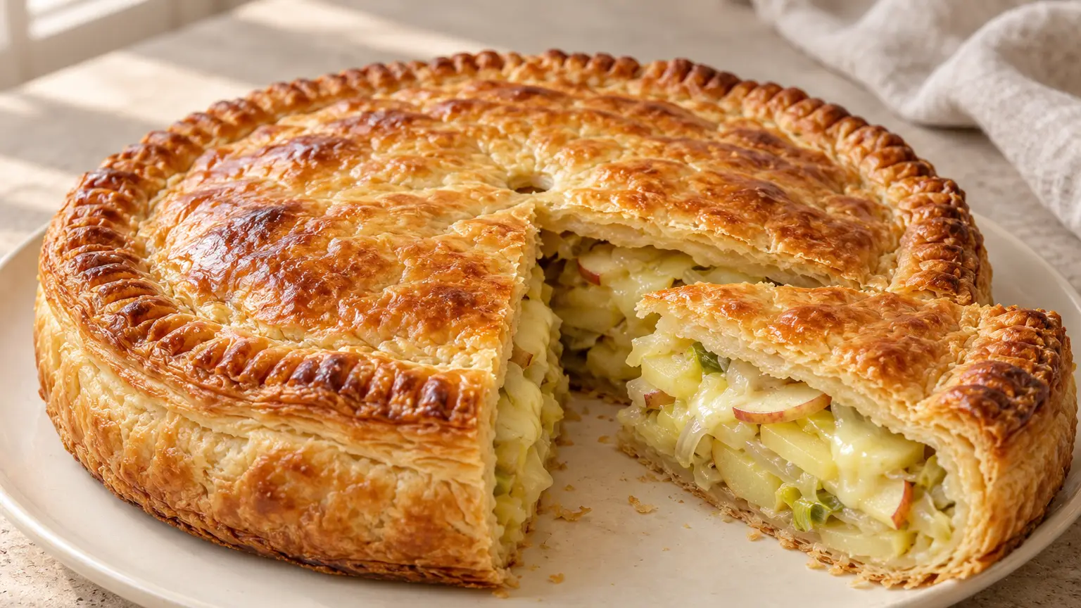 Torta di Goms dorata con una fetta tagliata e strati di patate, porro e formaggio