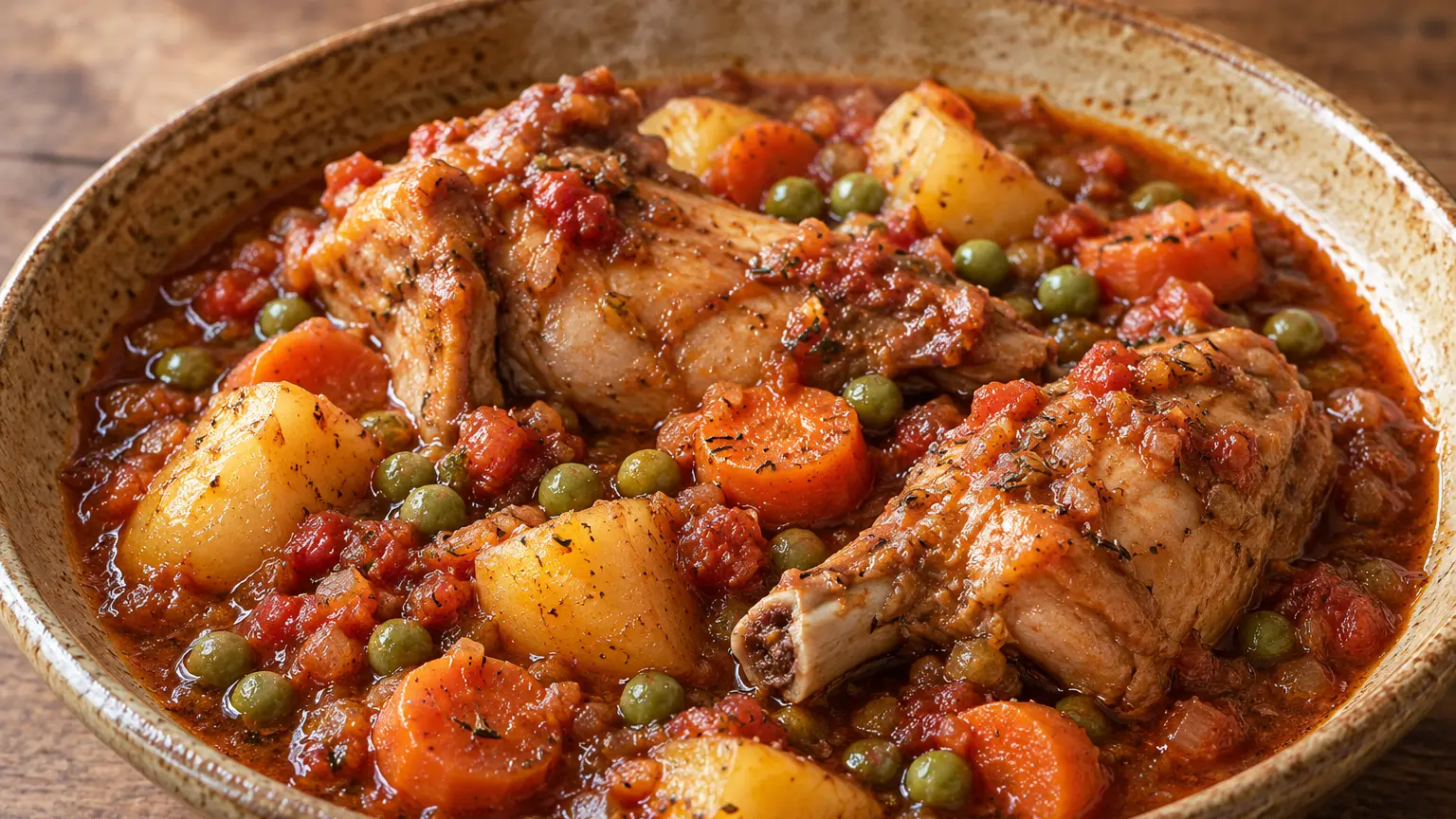 Stuffat tal-fenek, mals konijn met bot in tomaten-wijnsaus met aardappelen en erwten
