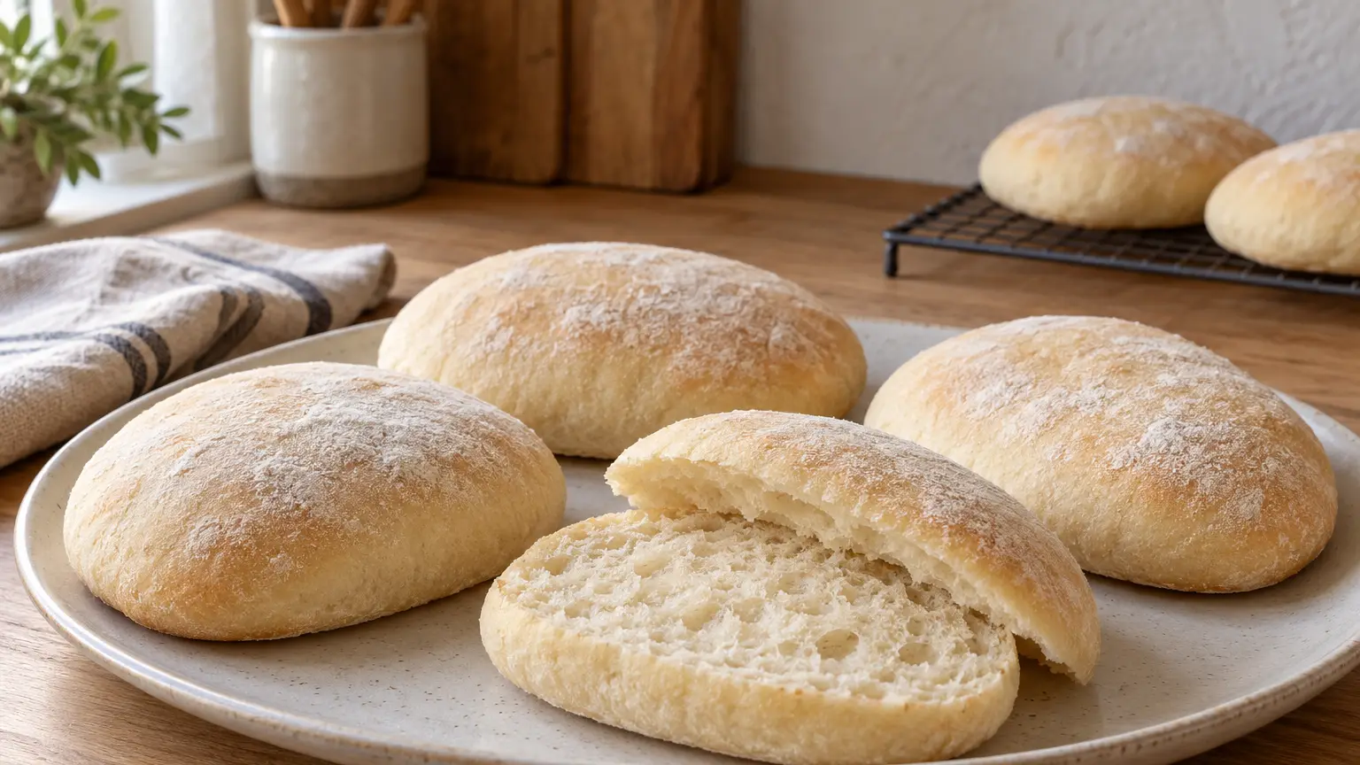Lichte ovale molletes met een dunne korst en luchtige kruim van een opengesneden broodje