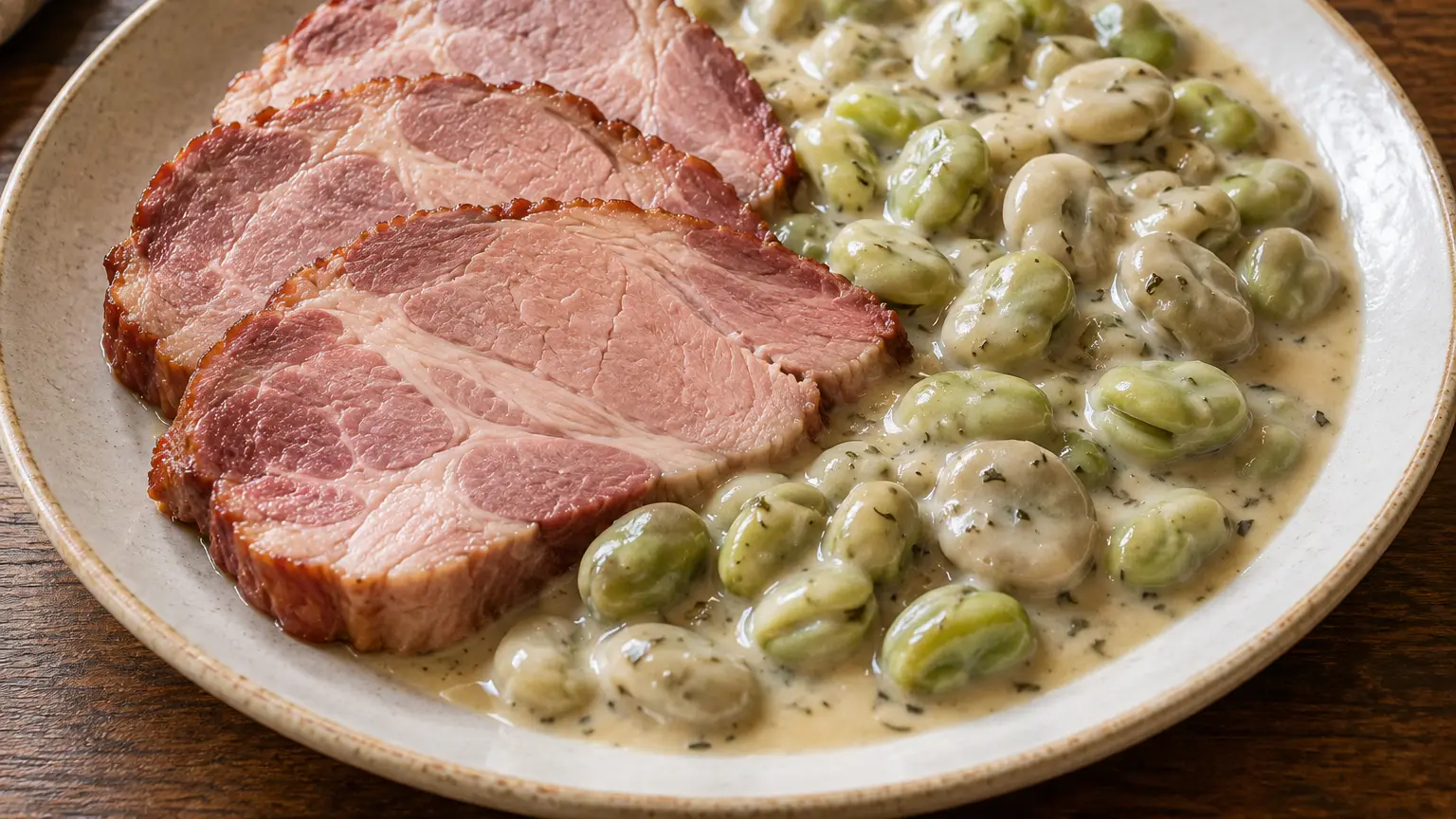 Judd mat Gaardebounen, fette di coppa affumicata con fave in salsa cremosa alla santoreggia