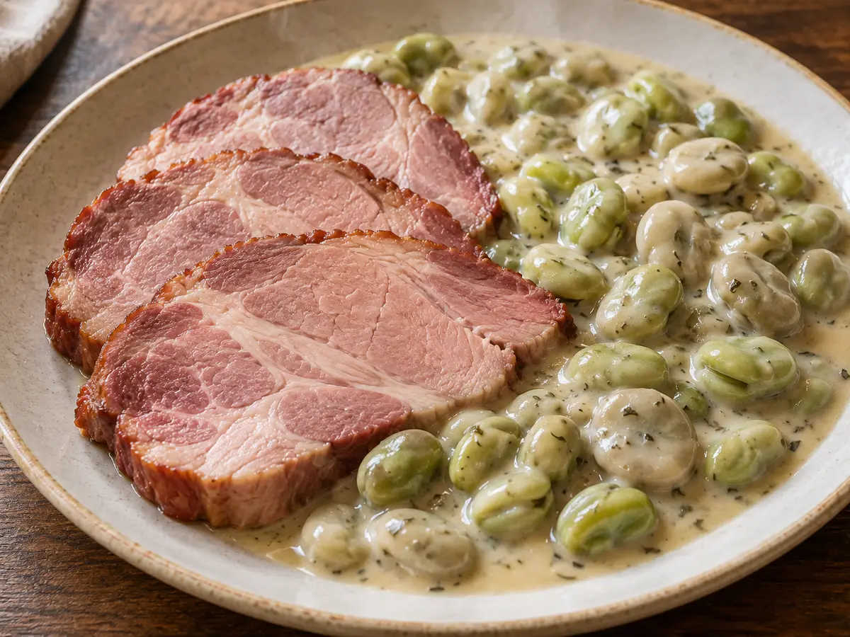 Judd mat Gaardebounen — coppa affumicata con fave in salsa cremosa alla santoreggia
