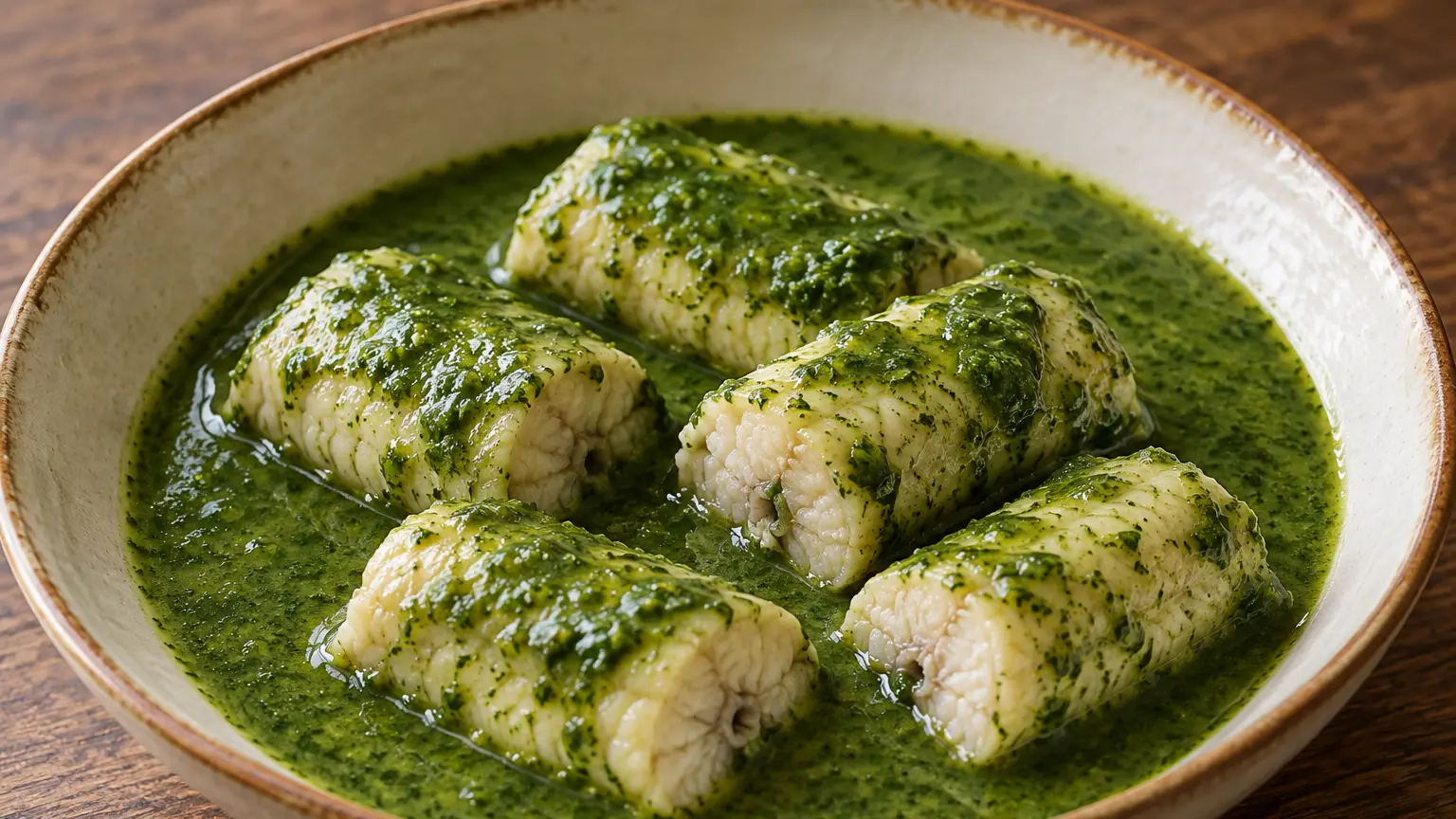 Paling in ’t groen, tronchetti chiari di anguilla senza pelle in salsa verde intensa alle erbe