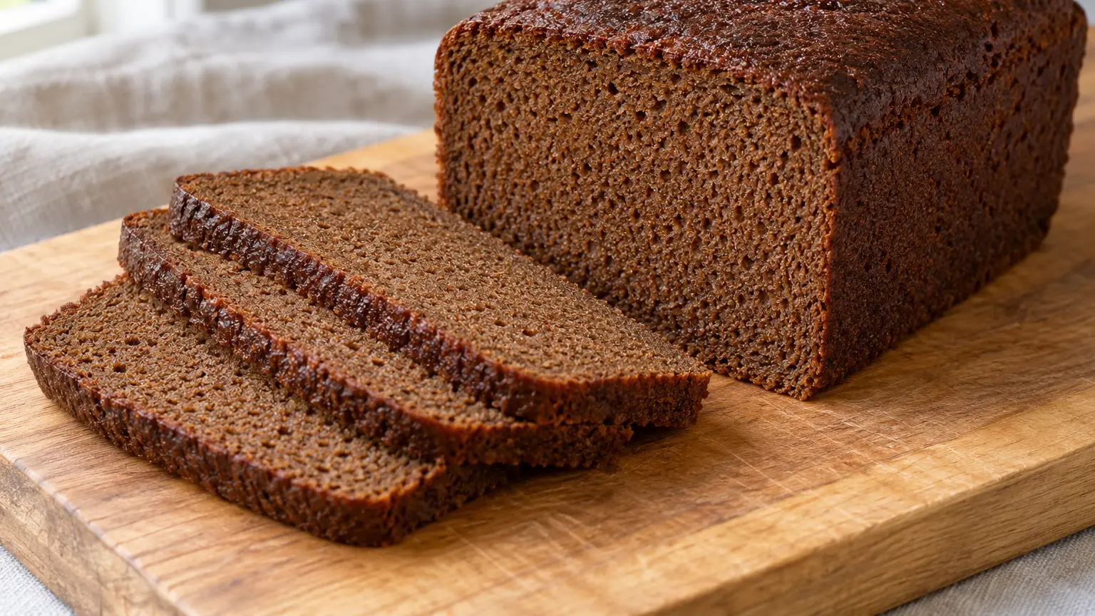 Rúgbrauð islandese scuro con mollica fine e umida e fette sottili accanto al pane