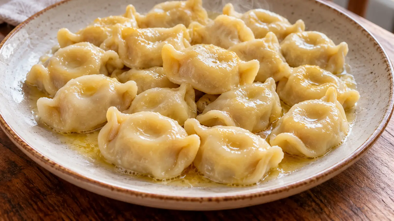 Idrijski žlikrofi, piccoli cappelli di pasta chiara ripieni di patate e pancetta, al burro