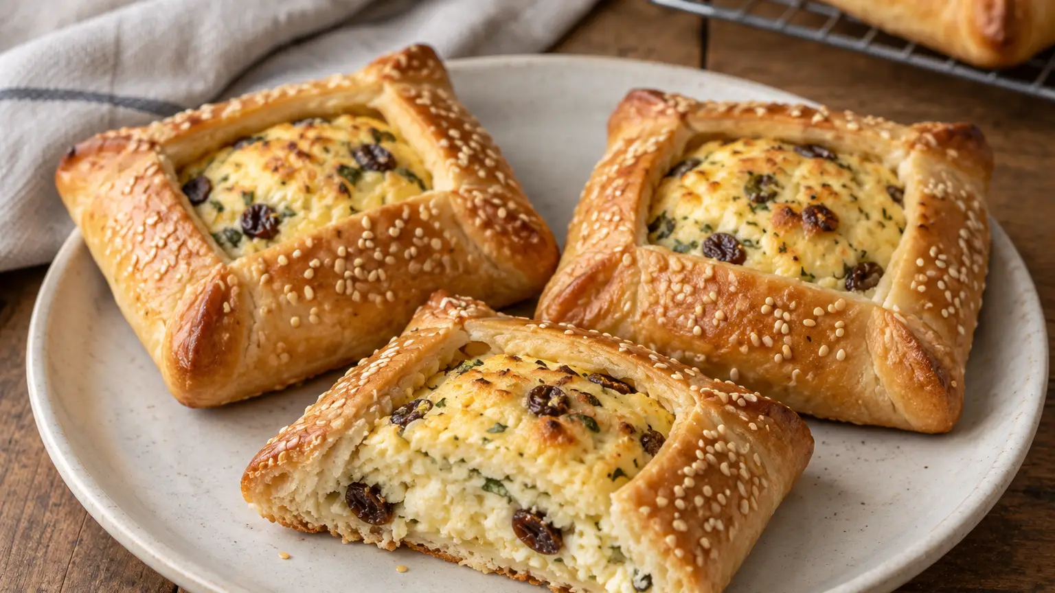 Flaounes ciprioti dorati dal centro di formaggio aperto, con uvetta, menta e sesamo