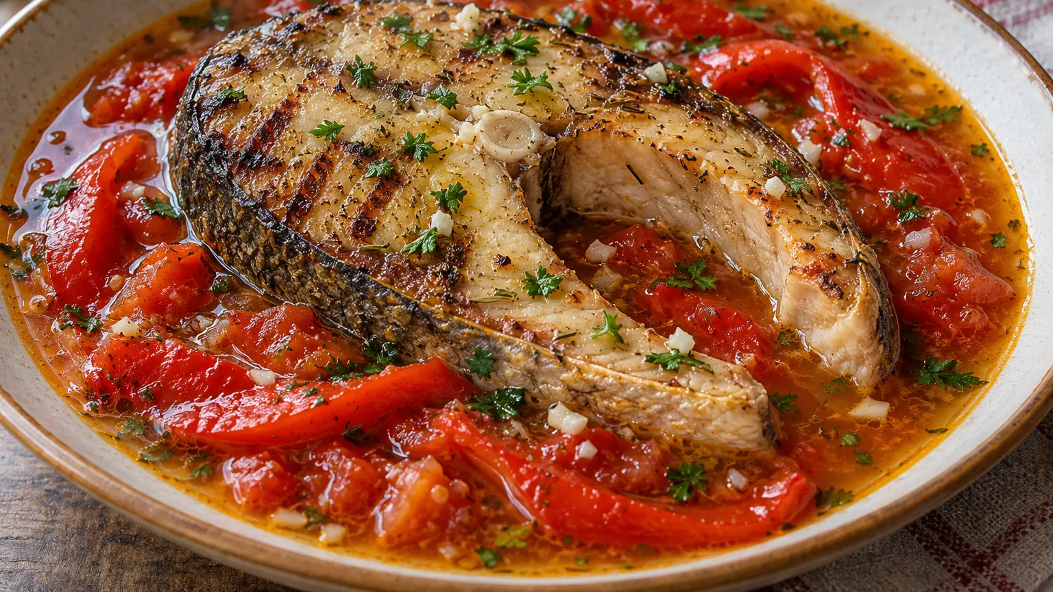 Saramură de crap, carpa grigliata con pelle in brodo all'aglio, peperoni e pomodori arrostiti