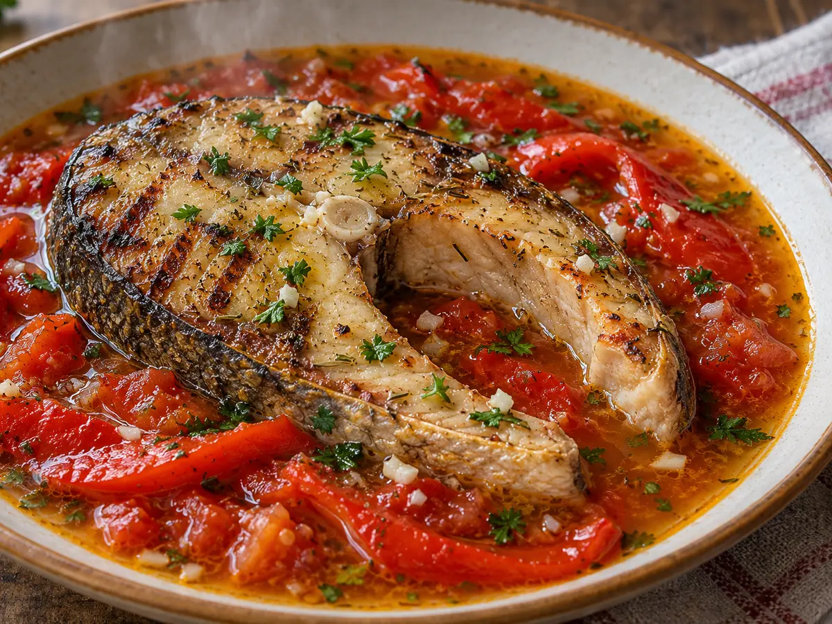Saramură de crap — Grillkarpfen in Knoblauchsud mit gerösteter Paprika und Tomaten