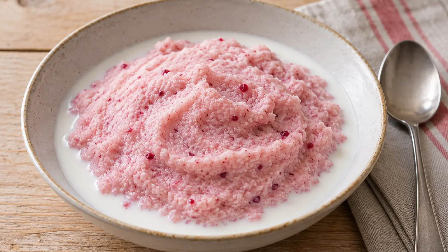 Vispipuuro finlandese rosa con frammenti di mirtilli rossi europei e latte freddo nella ciotolina