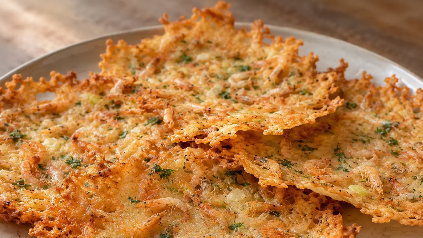 Tortillitas de camarones, dunne goudkleurige koekjes met piepkleine garnalen, bosui en peterselie