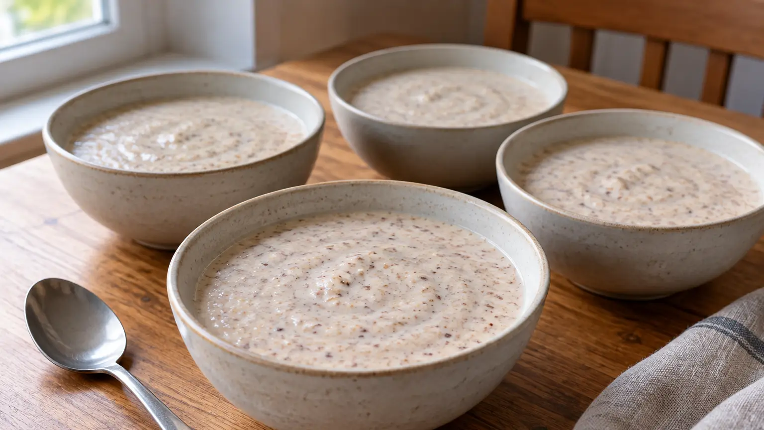 Lichtbeige Estse kama met kefir in kommetjes, met fijne zichtbare graandeeltjes