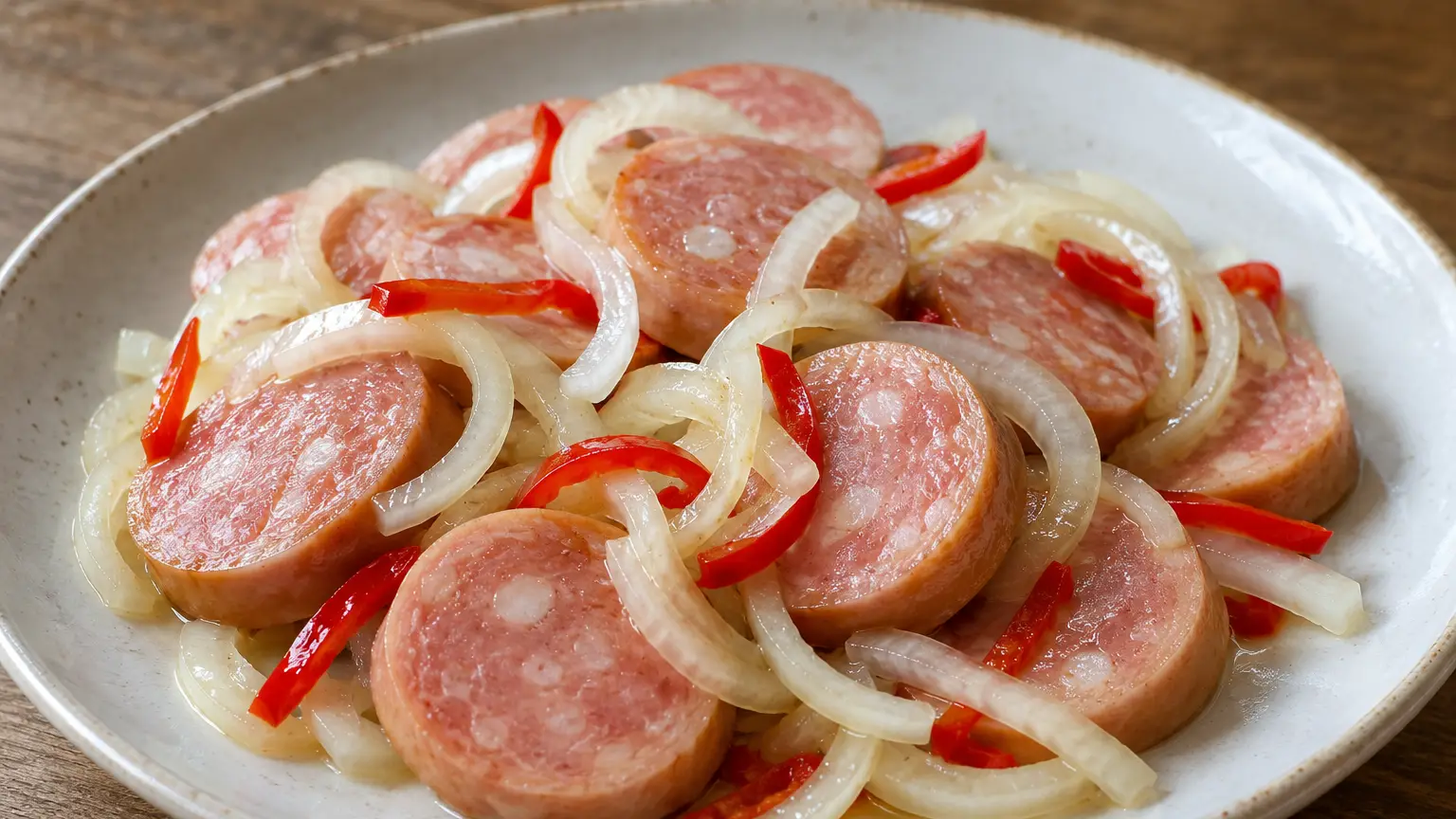 Utopenci in plakjes, ingelegde špekáčky-worstjes met uitgelekte ui en rode chili