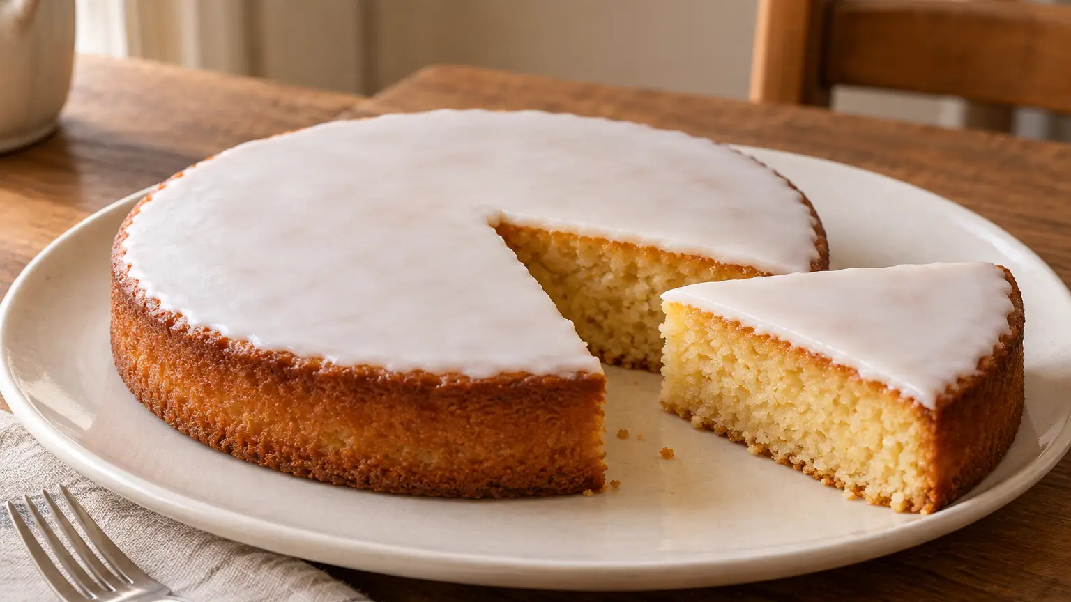 Round almond gâteau nantais with pale rum icing and a slice cut beside it