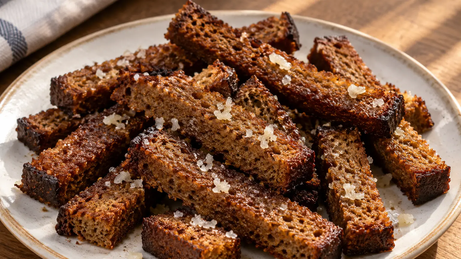 Kepta duona, knapperige reepjes donker roggebrood met korst en verse knoflook