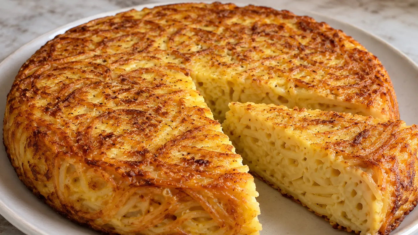 Goudbruine frittata di spaghetti met een doorsnede van pasta, gestolde eieren en kaas