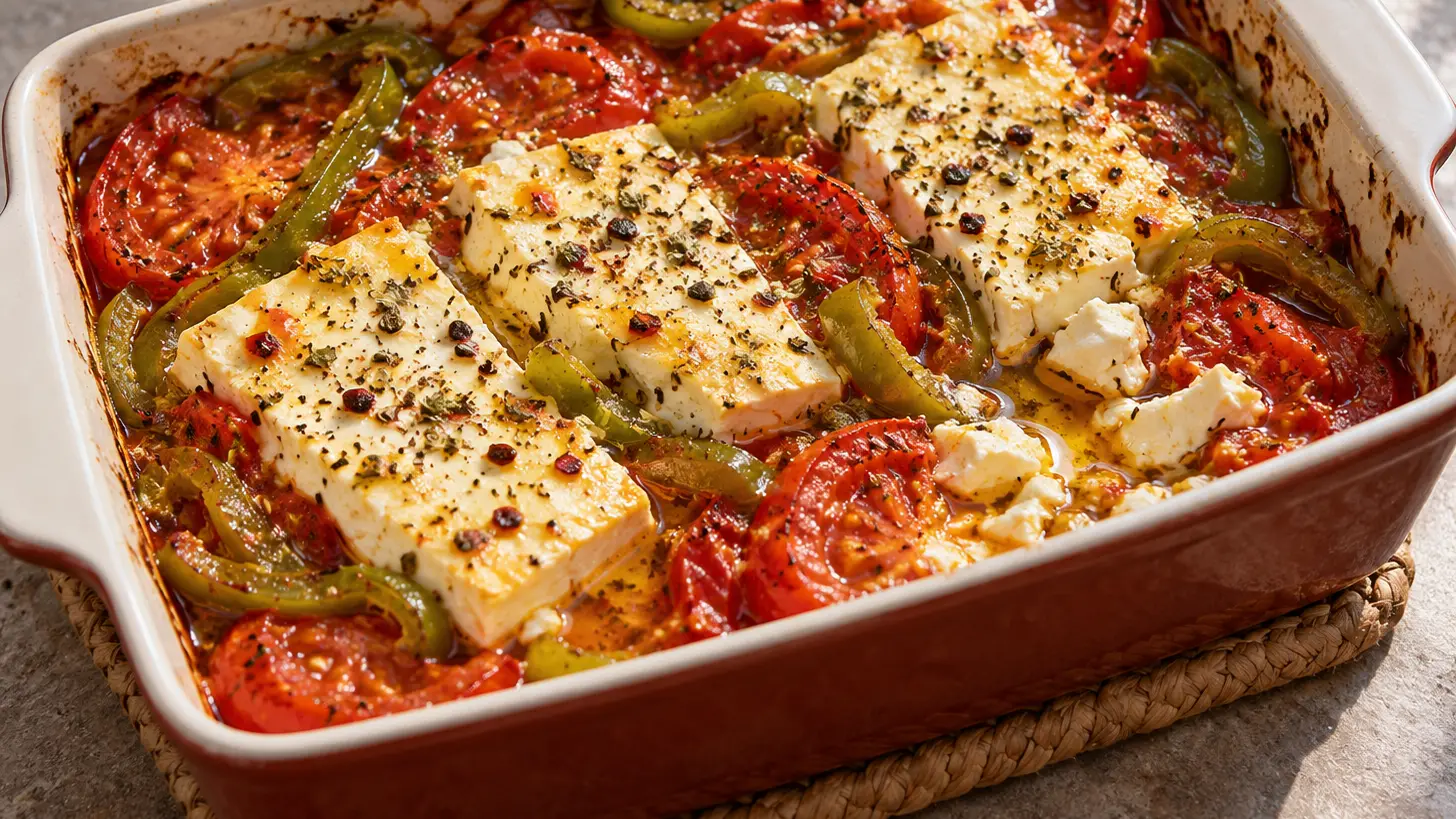 Feta calda con pomodori al forno, peperone verde e origano nell’olio d’oliva
