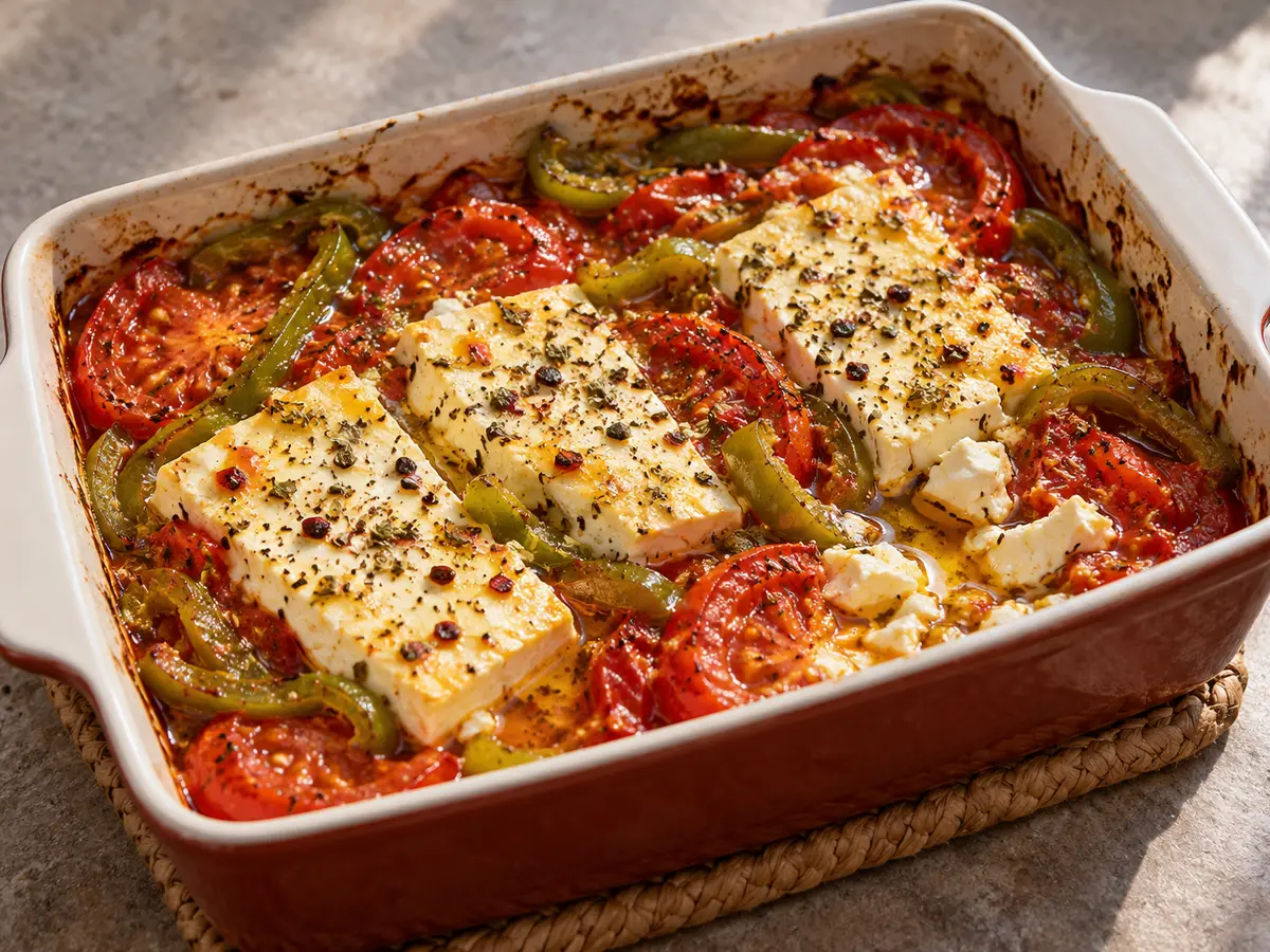 Bouyiourdi — feta calda al forno con pomodori e peperone