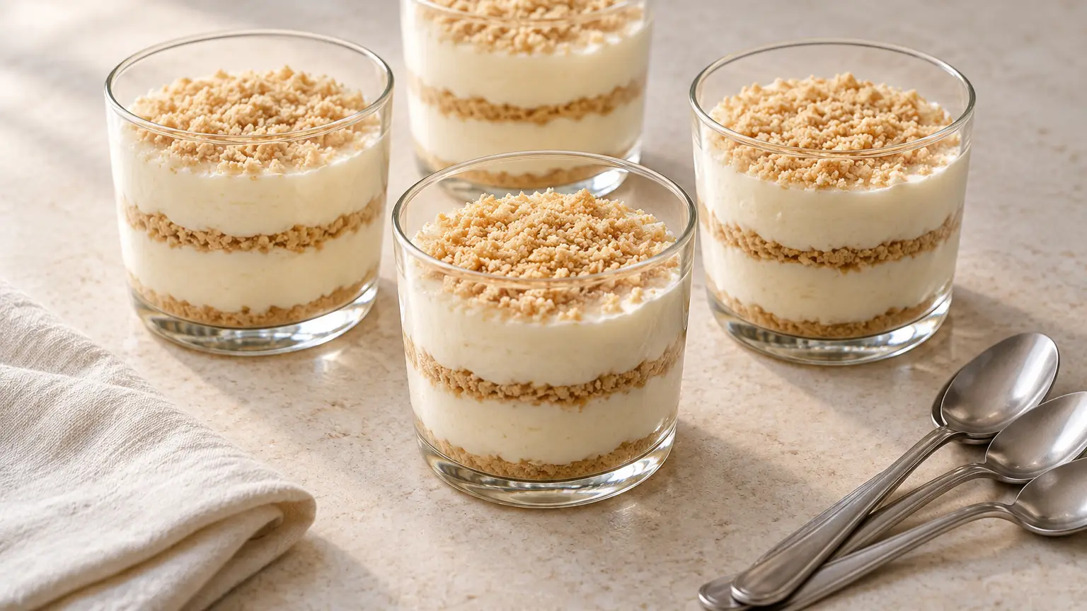 Four serradura cups with fluffy pale cream and thin layers of fine Maria biscuit crumbs