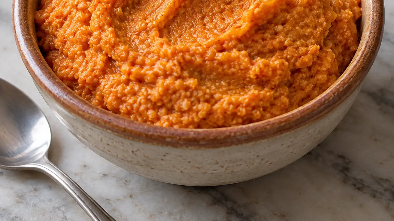 Almogrote arancione denso con piccoli granelli di caprino stagionato in una ciotolina
