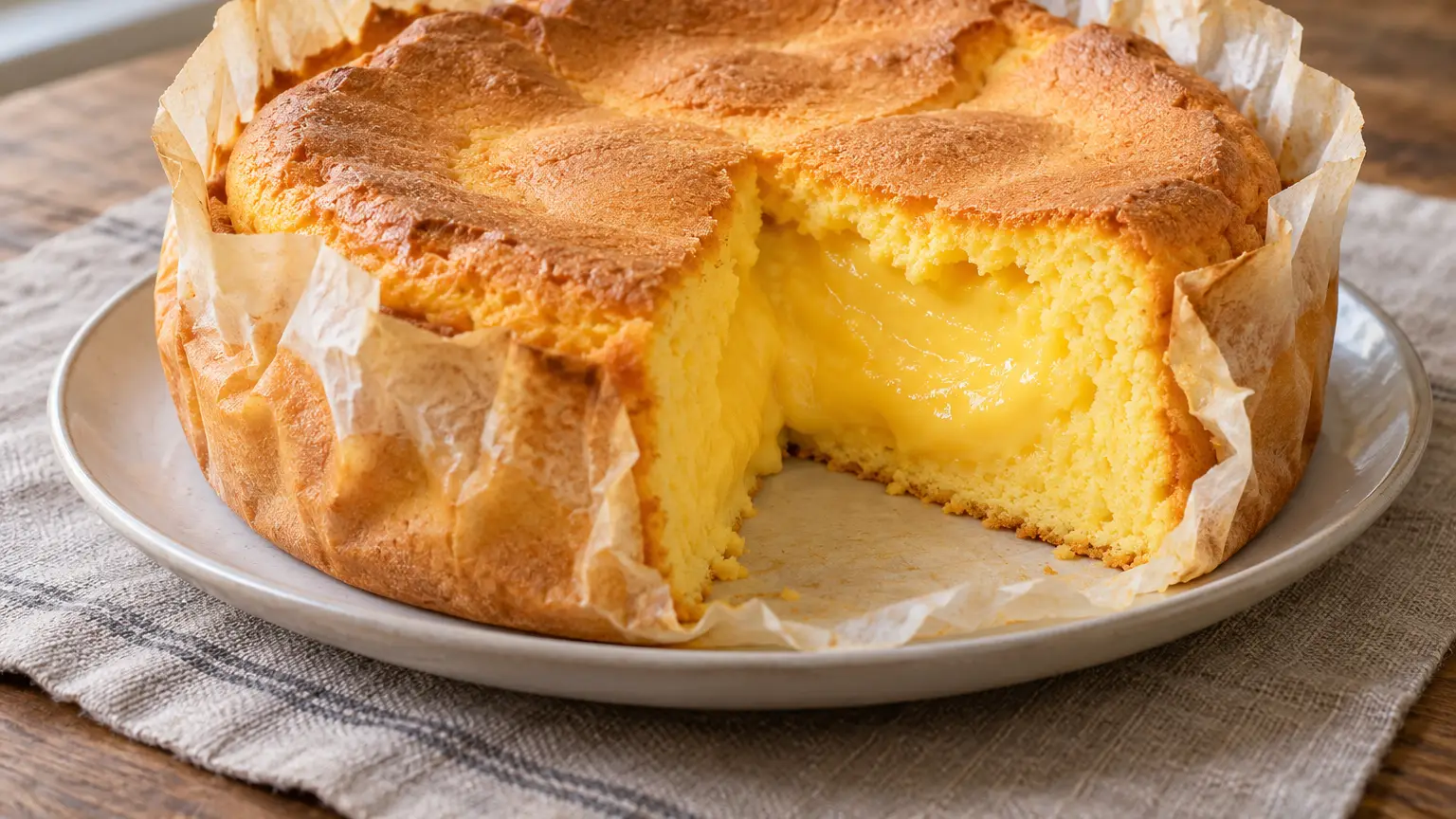 Pão de ló nella carta aperta con sottile superficie dorata e cuore cremoso visibile