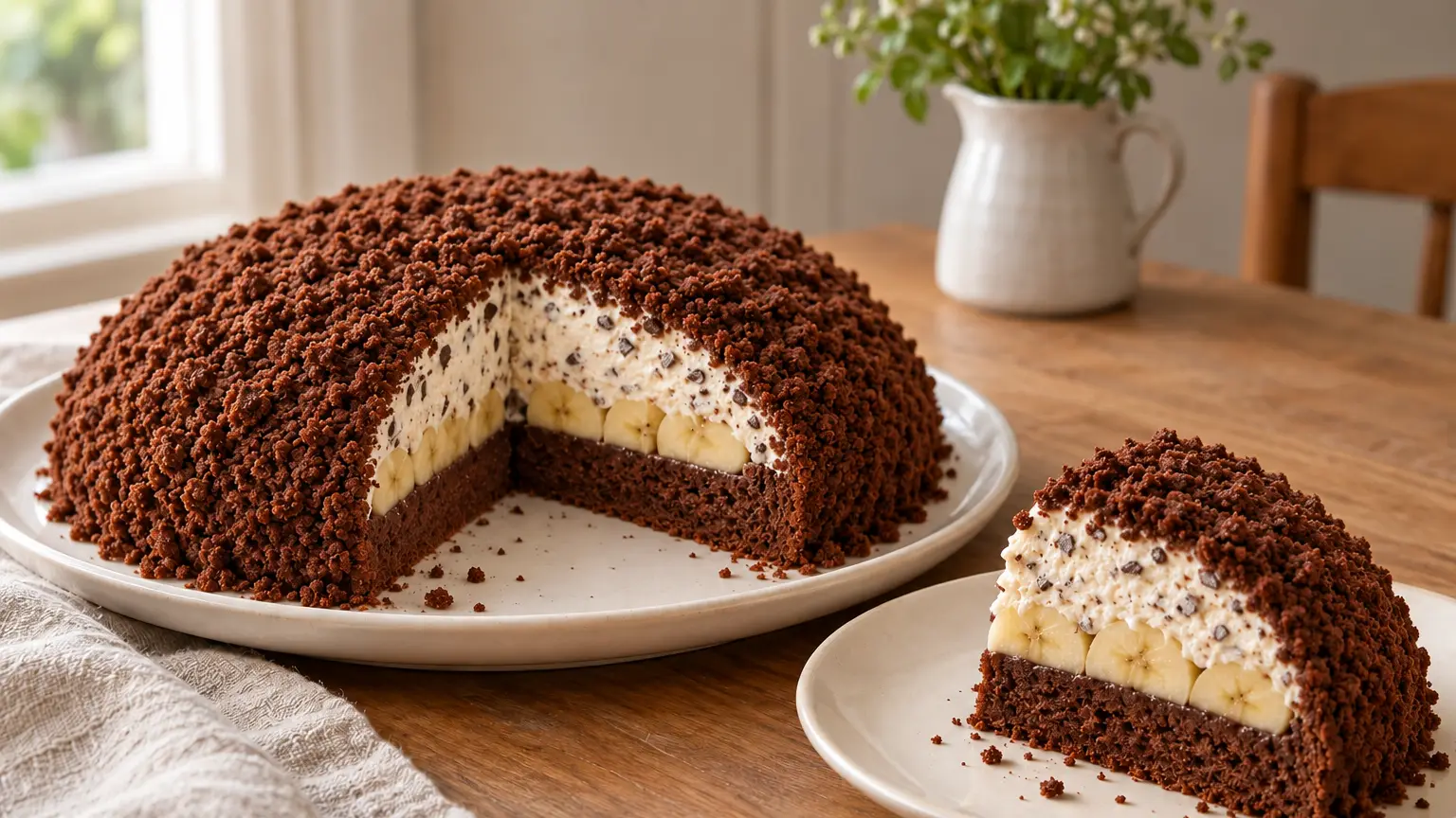 Torta talpa coperta di briciole al cacao con banane e crema stracciatella chiara visibili