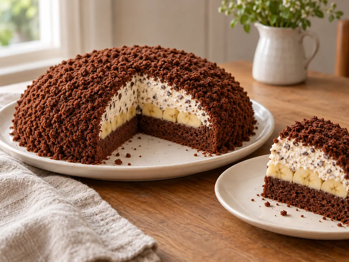 Torta talpa al cioccolato con banane e crema stracciatella