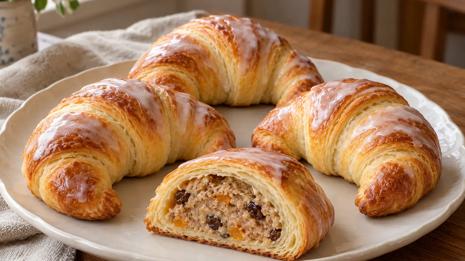 Iced laminated crescents cut open to reveal pale white poppy filling with dried fruit and nuts