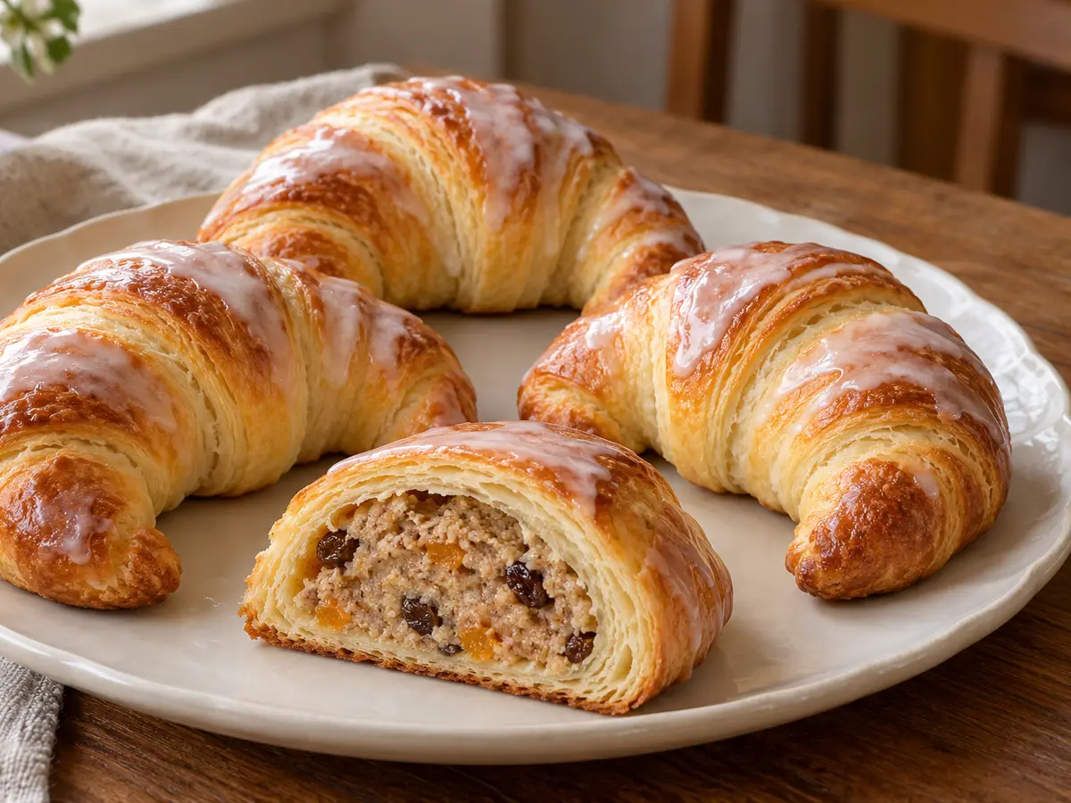 Homemade laminated crescents with white poppy seeds and dried fruit