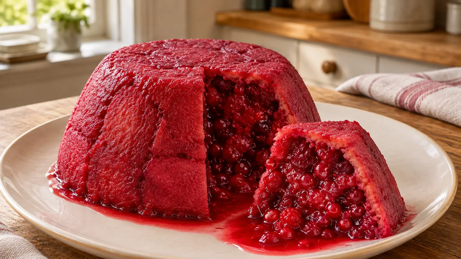 Summer pudding rosso con uno spicchio tagliato che rivela lamponi e ribes succosi
