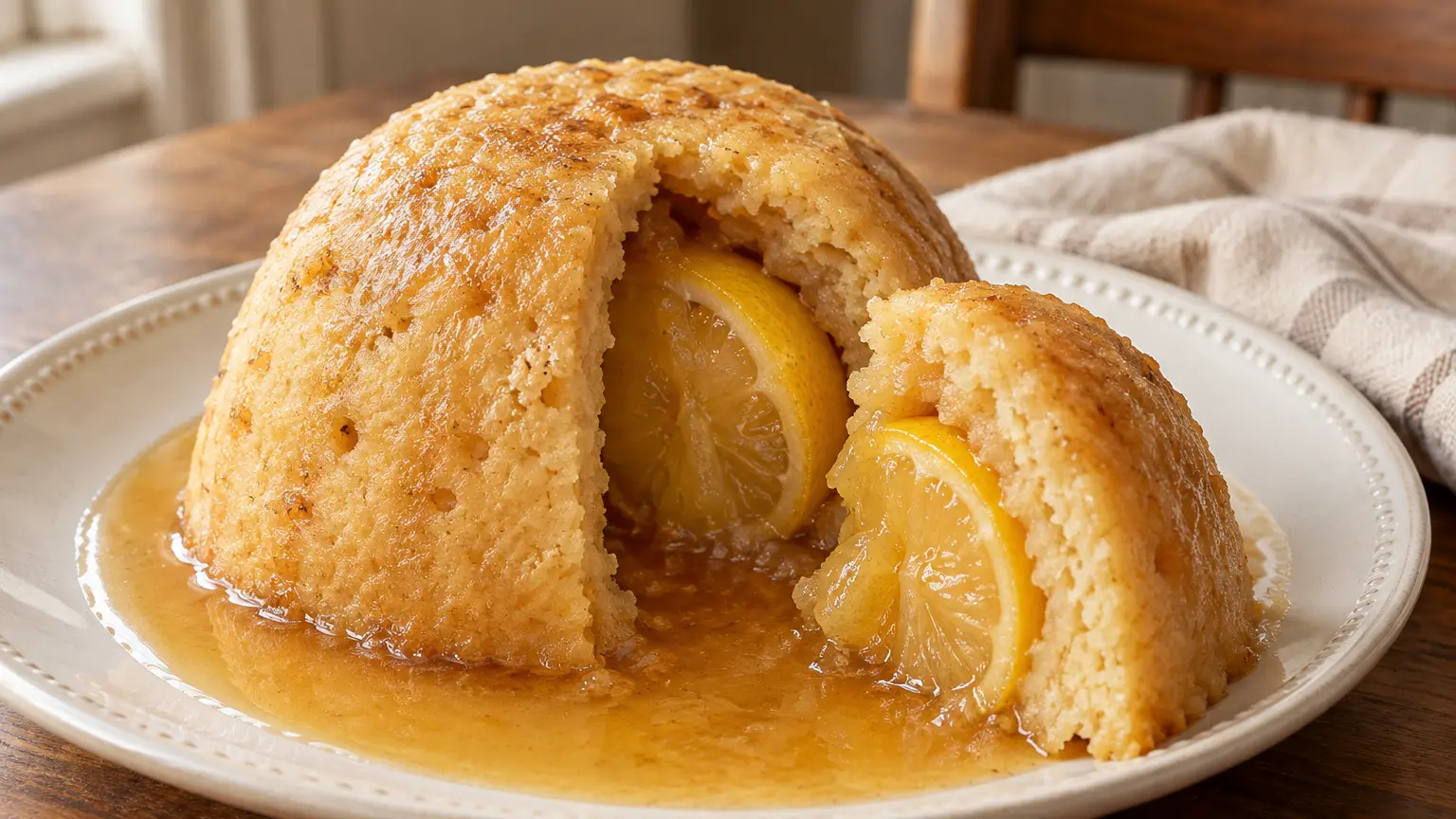 Warm Sussex pond pudding with a cut portion revealing lemon and buttery sauce