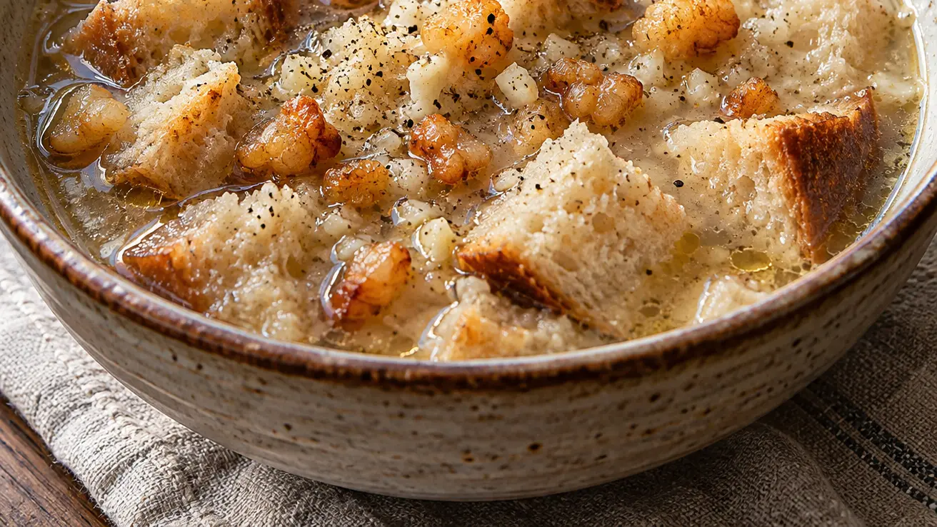 Silezische broodsoep met zachte stukjes brood, knoflook en vers uitgebakken kaantjes