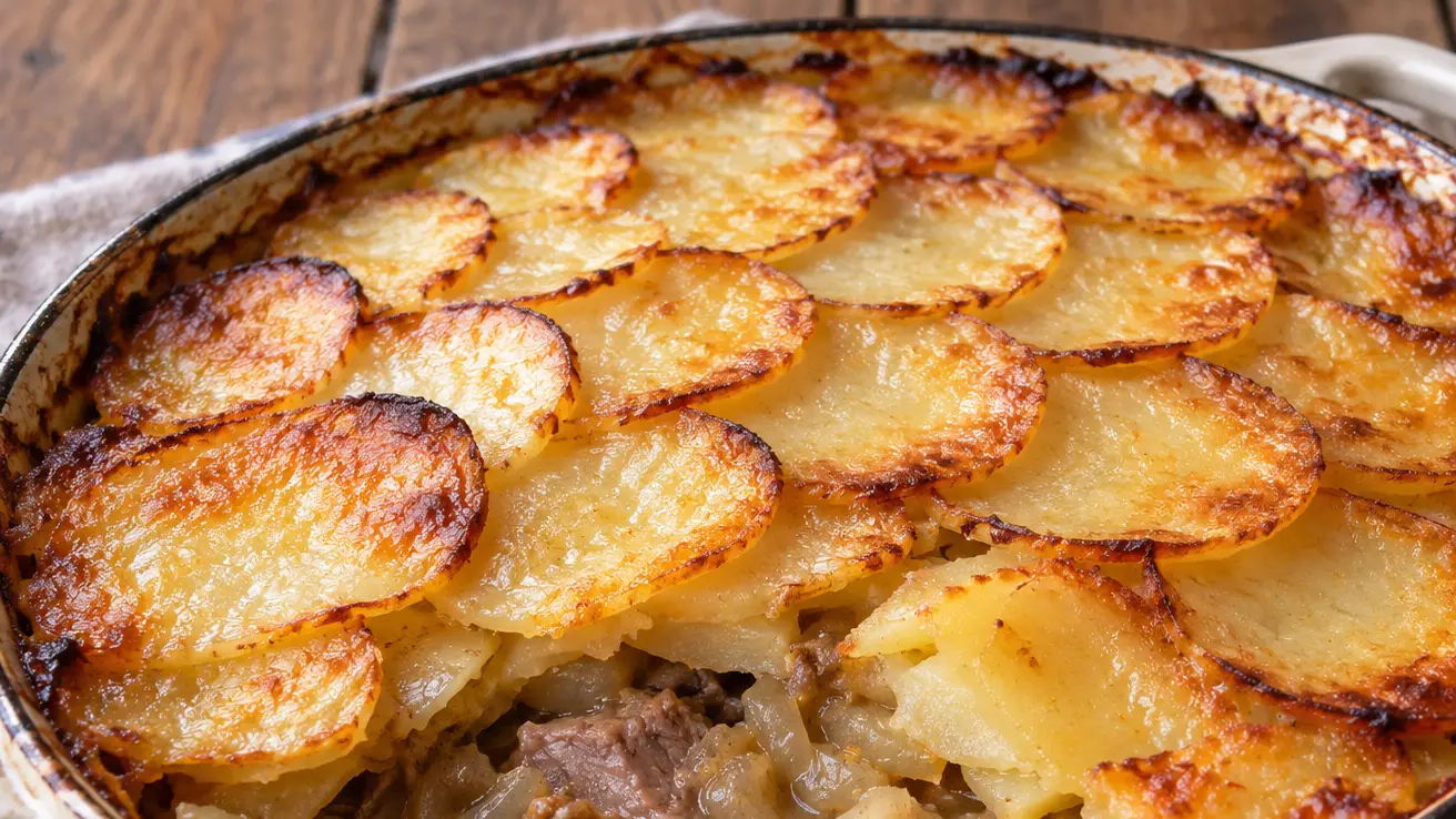 Lancashire hotpot con fette di patata dorate e agnello tenero in salsa alle cipolle