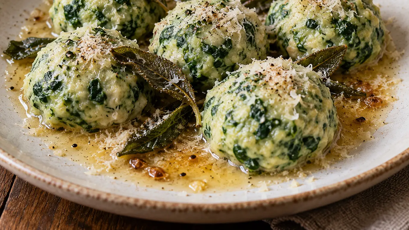 Toscaanse gnudi met spinazie en ricotta, salieboter en Parmezaan