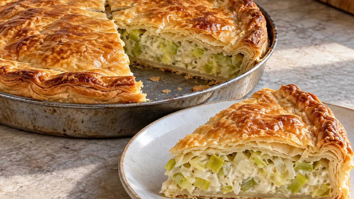 Torta chiusa piccarda ai porri con ripieno cremoso e coperchio dorato di sfoglia