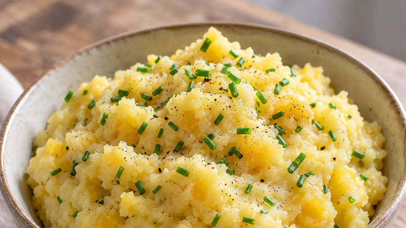 Schotse clapshot van aardappelen en gele koolraap met boter en verse bieslook