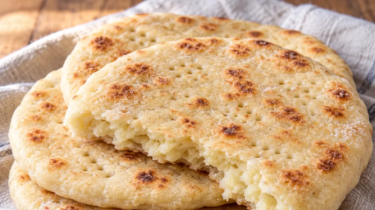 Zachte Finse aardappelbroodjes met bruine vlekjes, vorkgaatjes en een dun laagje boter