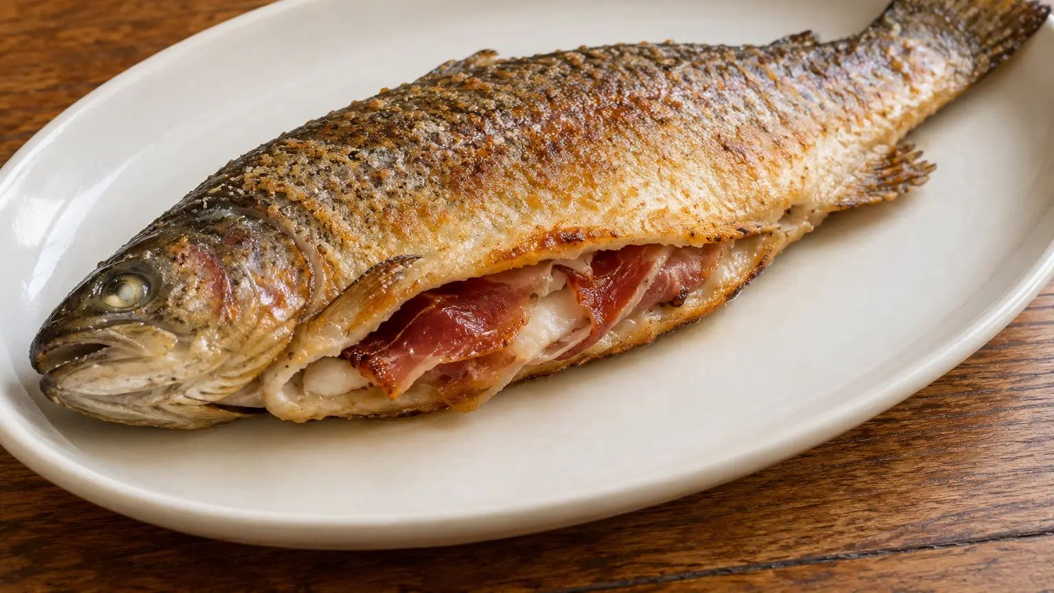 Hele bruingebakken forel op Navarraanse wijze met een dun bloemkorstje en serranoham binnenin