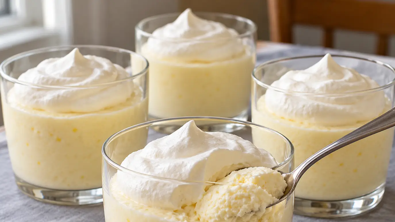 Citronfromage danese chiaro e soffice in coppette con morbida panna montata sopra