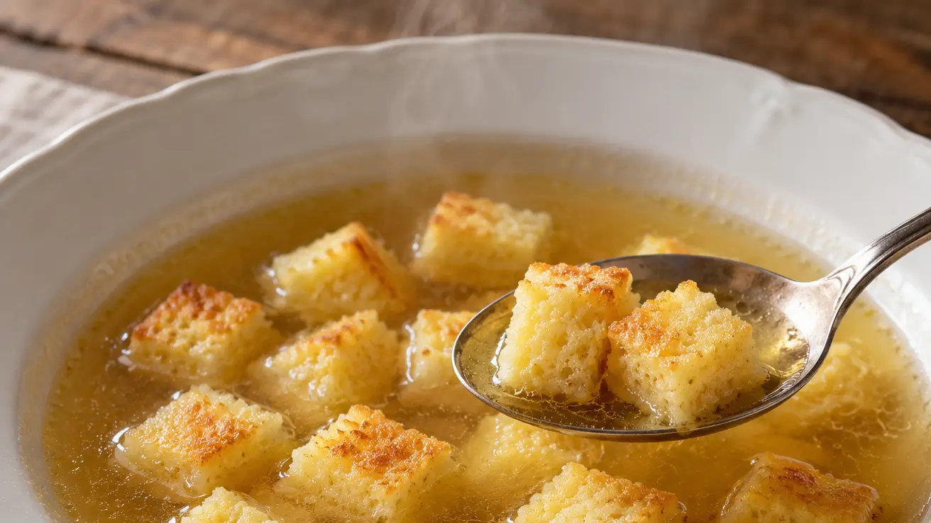 Zuppa imperiale con piccoli cubetti dorati di semolino in brodo limpido